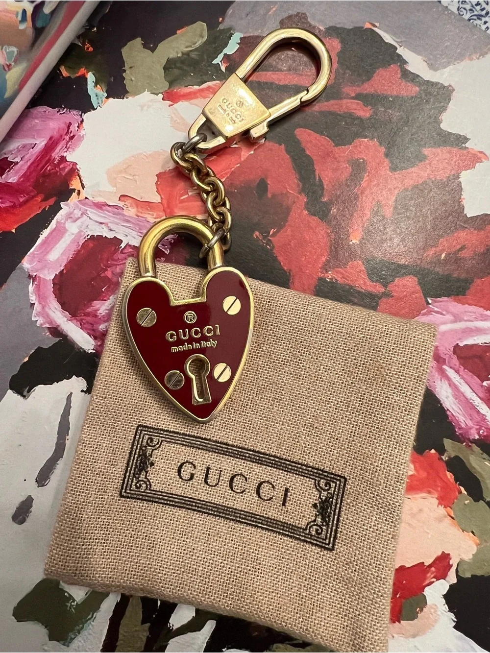 100% Authentic Gucci Red Enamel Heart Padlock Keychain / Bag Charm